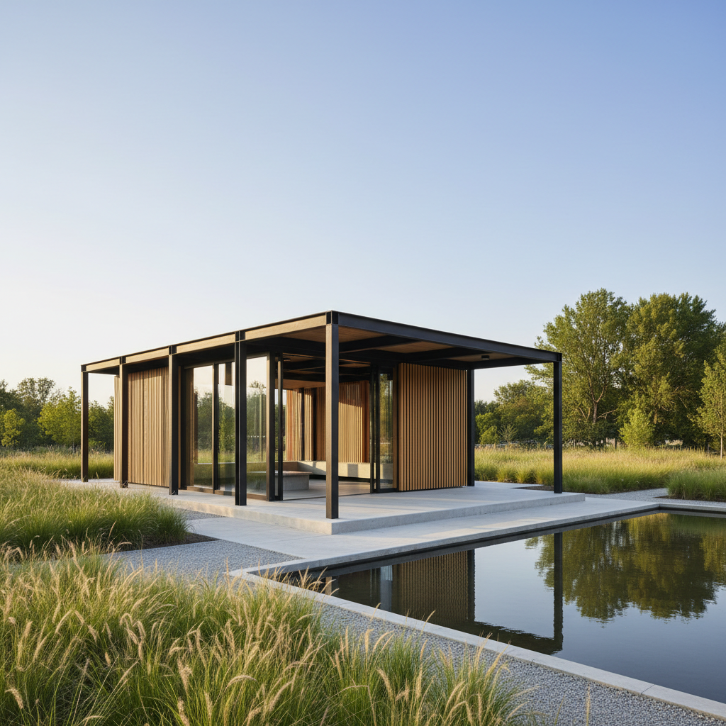 A precise exterior daytime render of a small cultural pavilion in a park, designed as a lightweight steel and timber structure with large sliding glass panels. The pavilion rests on a slightly elevated concrete plinth, surrounded by a carefully composed landscape of native grasses, gravel paths, and a reflecting water feature that mirrors the building’s clean lines. Clear, crisp late afternoon light enhances the contrast between matte black steel, warm vertical timber slats, and the transparency of the glass. The sky is clear with a subtle gradient, and distant trees are present but softly focused. Photographic realism, eye-level composition with a slight three-quarter view, conveying a calm, contemplative atmosphere and showcasing spatial design and environmental integration.