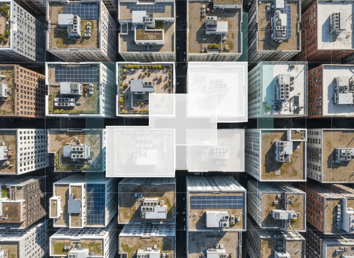 A high-resolution aerial drone-style image of an urban block under architectural survey, showing several existing buildings in varying heights with flat roofs, terraces, and rooftop equipment, overlaid subtly with translucent white volumetric massing of a proposed project. Fine details such as HVAC units, solar panels, and roof textures are clearly visible, captured under bright but slightly diffused midday light. Thin, precise white lines and subtle colored planes indicate property boundaries and survey data, integrated tastefully without readable text. The composition is a bird’s eye view, perfectly orthogonal, emphasizing geometry and urban context. The mood is technical yet refined, highlighting the studio’s expertise in drone surveys and photogrammetry within a clean, photographic-realistic aesthetic.