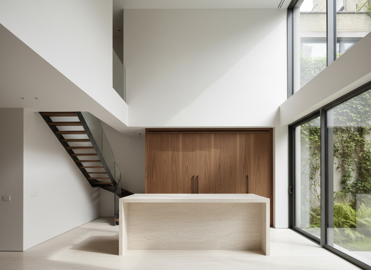A dramatic interior render of a contemporary living-dining space designed by an architecture studio, featuring double-height ceilings, a floating steel staircase with thin oak treads, and a continuous microcement floor. A long, sculpted island in light-toned stone anchors the open kitchen, while custom built-in cabinetry in warm walnut contrasts with white plaster walls. Large sliding glass doors open to a small urban courtyard with lush greenery. Soft midday light floods the space, creating gentle shadows and highlighting textures of wood, stone, and metal. The mood is serene yet luxurious. Photographic realism, shot at eye level with a wide lens, using rule-of-thirds composition to balance interior and exterior, focusing on spatial design and material harmony, with no people present.