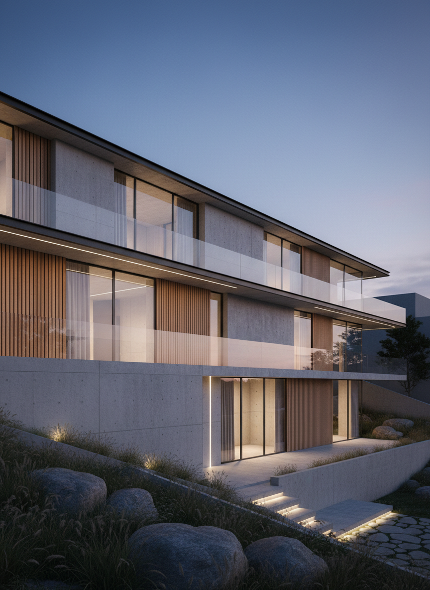 Visualización de una residencia minimalista de hormigón y vidrio al atardecer
