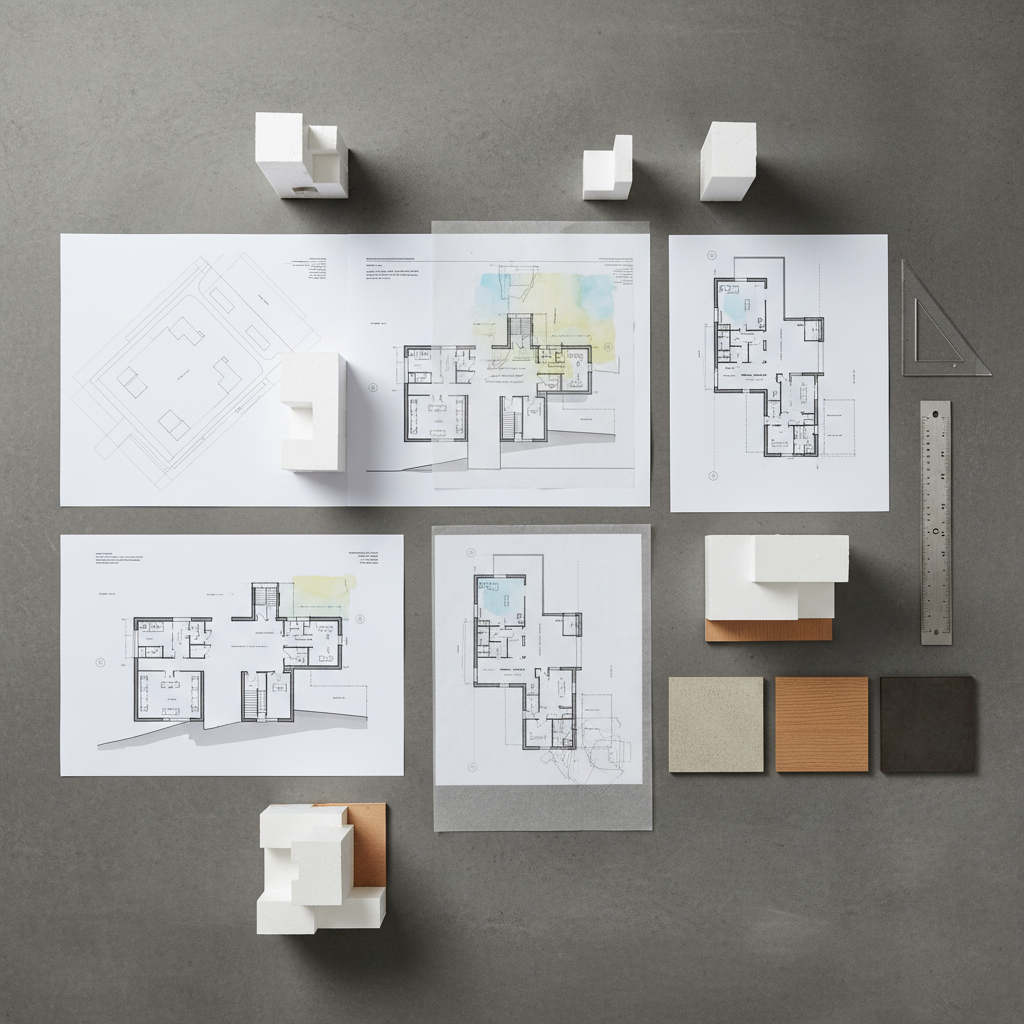 A meticulous architectural process board laid out on a large graphite-grey table, featuring printed floor plans, section diagrams, and small monochrome study models for a mixed-use building, arranged in a clear narrative sequence without legible text. Transparent tracing paper overlays with fine line sketches and colored zoning patches rest on top of the plans. A metal scale, triangle, and a few carefully placed material swatches of concrete, oak, and blackened steel add tactile depth. Overhead diffused studio lighting provides even illumination with soft shadows, making every edge and texture readable. Photographic realism, top-down camera angle for a flat-lay composition, evoking a precise, analytical yet creative mood that emphasizes concept development and project documentation.