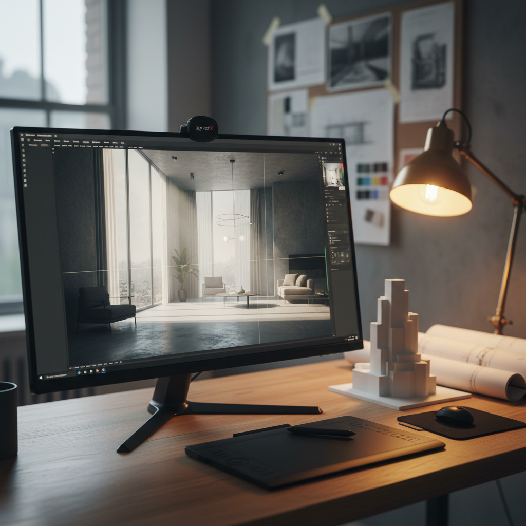 A detailed close-up of a digital workstation focused on 3D architectural visualization, showing a large, color-accurate monitor displaying a nearly finished photorealistic render of a modern interior, with visible layers of light, reflections, and shadow. Next to the monitor, a pen tablet, color calibration device, and a small 3D-printed massing model rest on a warm oak desk surface. The background is softly blurred, suggesting a studio environment with pinned-up plans and material boards. Soft, warm desk lamp light mixes with cool ambient light from a nearby window, creating subtle contrast. The mood is precise and meticulous. Photographic realism, shot from a slightly elevated angle with shallow depth of field, highlighting the craft of render production and attention to visual detail.