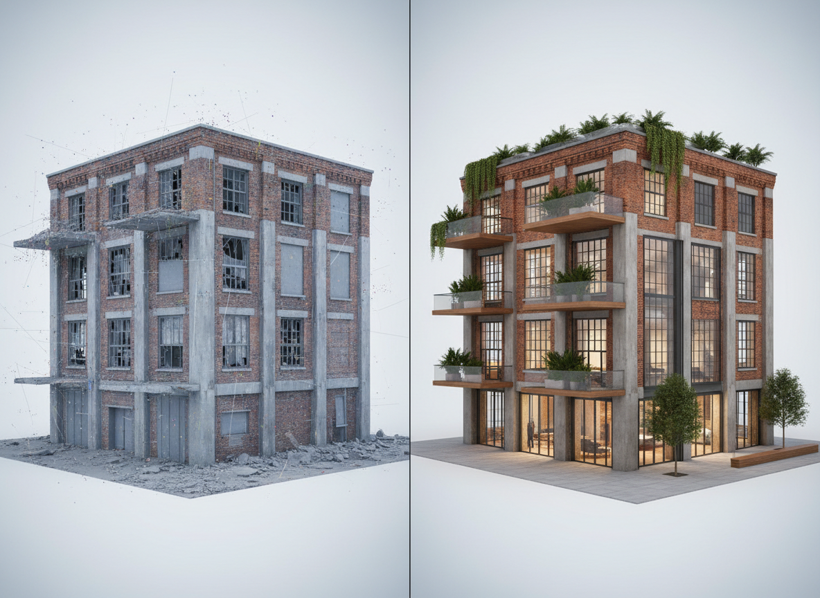 A side-by-side style composition showing the evolution from raw photogrammetry capture to refined 3D architectural visualization of an industrial brick warehouse conversion. On the left, a highly detailed but slightly desaturated mesh-like model of the existing structure with point-cloud hints and textured brick, concrete columns, and aged steel windows. On the right, the same volume transformed into a polished proposal with new glazing, added terraces, greenery, and warm interior lighting visible through large openings. Neutral studio-style lighting keeps everything evenly illuminated, with a subtle gradient background. The camera angle and perspective are identical for both halves, emphasizing process and transformation. The mood is analytical yet creative, showcasing technical workflow and design vision in clean photographic realism.
