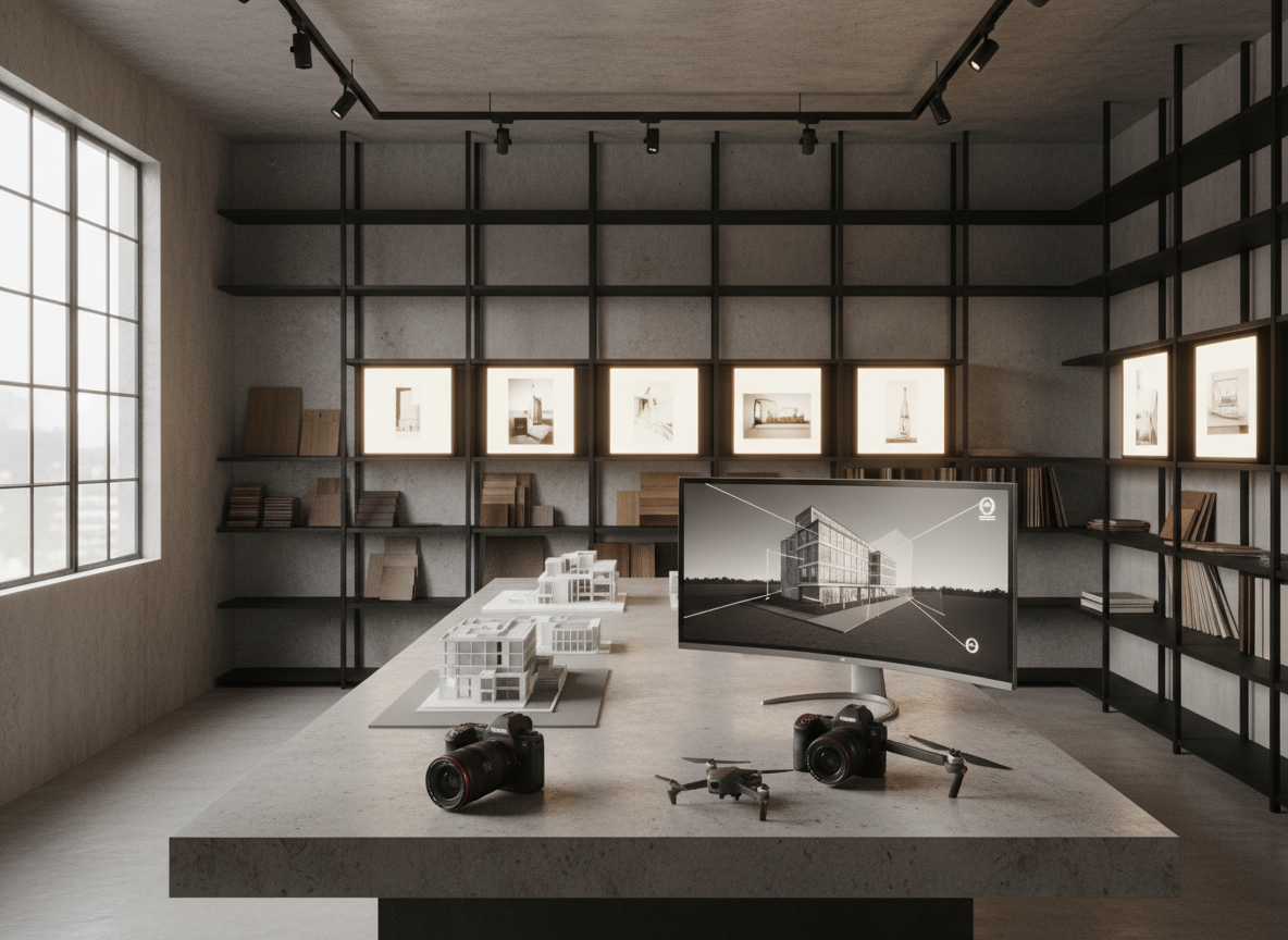 A cinematic, wide-angle interior render of a boutique creative studio space dedicated to architecture and audiovisual production. The room features a long, monolithic concrete table with precisely arranged architectural models, high-end cameras, a compact drone, and a calibrated ultra-wide monitor showing a paused fly-through animation of a building. Walls are lined with slim black shelves holding material samples and minimalist lightboxes displaying backlit architectural imagery without text. Soft north-facing daylight enters through a large industrial window, complemented by discreet track lighting that creates gentle highlights on metallic surfaces. The atmosphere is contemplative and high-tech. Photographic realism, shot slightly off-center with leading lines drawing the eye through the space, underscoring a sophisticated, design-driven identity without people.