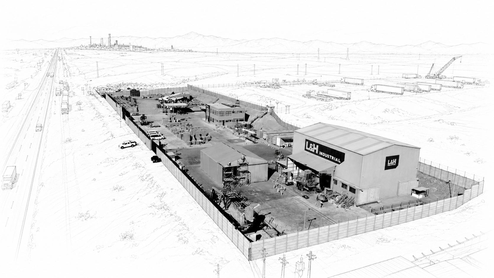 Vista aérea ilustrada del terreno de Edificio Corporativo L&H Industrial en La Negra, Antofagasta